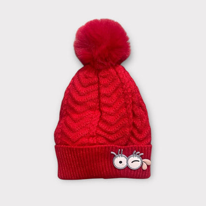 Cute Winter Knitted Beanie for Kids | Warm Woolen Cap with Pom Pom & Cartoon Patch | Soft Cozy Baby Girl Winter Hat