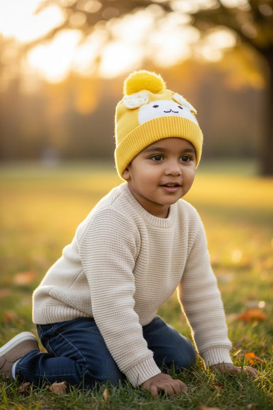 Knitted Kids Winter Cap with Bunny Ears & Pom-Pom