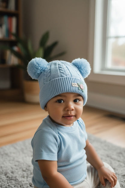 Knitted Winter Beanie for Kids | Cute Teddy Ear Woolen Cap for Baby Boys & Girls | Soft Warm Winter Hat with Flower Patch