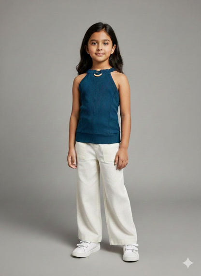 Girls Teal Halter Neck Top with Metal Ring Detail – Stylish Party & Casual Wear