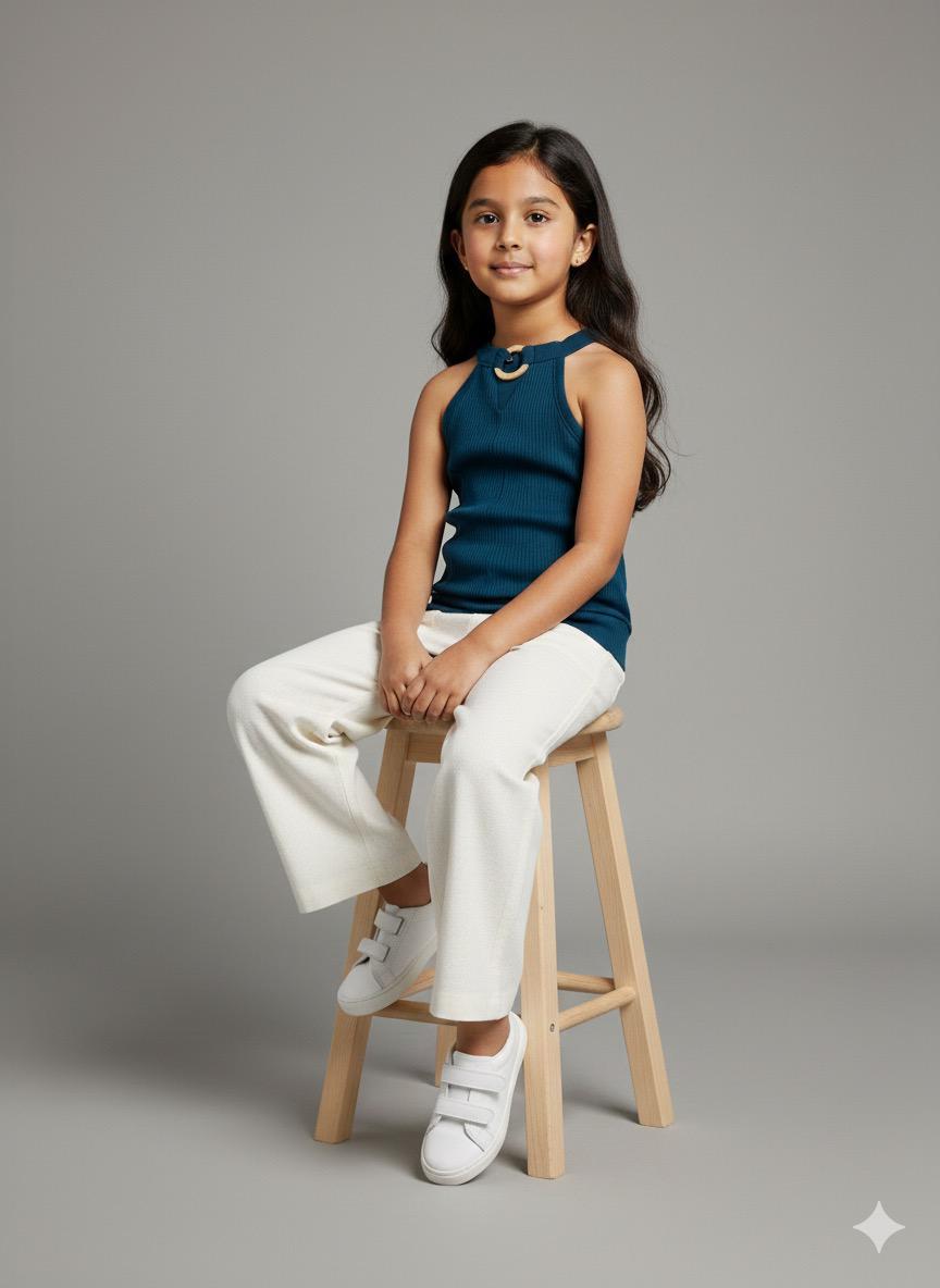 Girls Teal Halter Neck Top with Metal Ring Detail – Stylish Party & Casual Wear