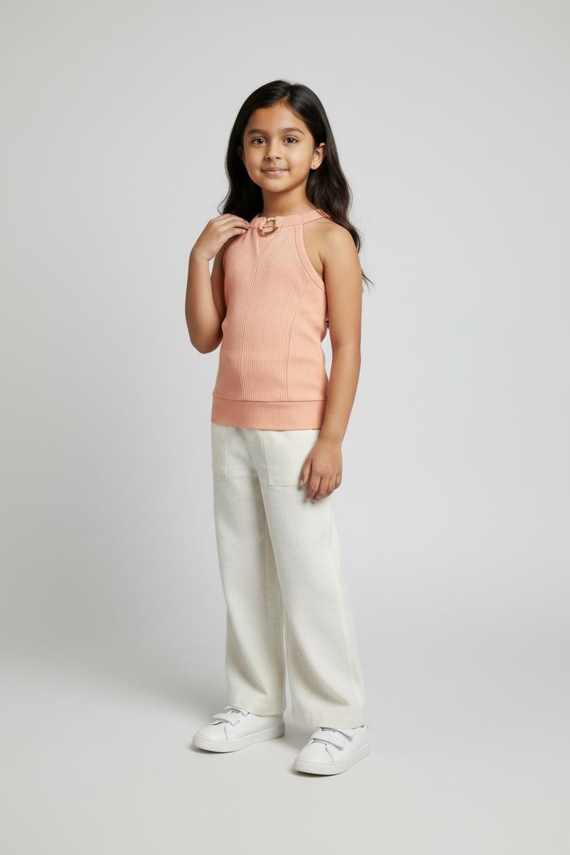 Girls Peach Halter Neck Top with Metal Ring Detail – Stylish Party & Casual Wear
