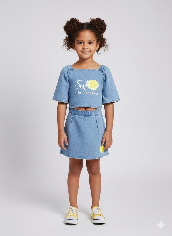 Girls Light Denim Smile Co-ord Set – Trendy Top & Skirt Set for Casual Wear