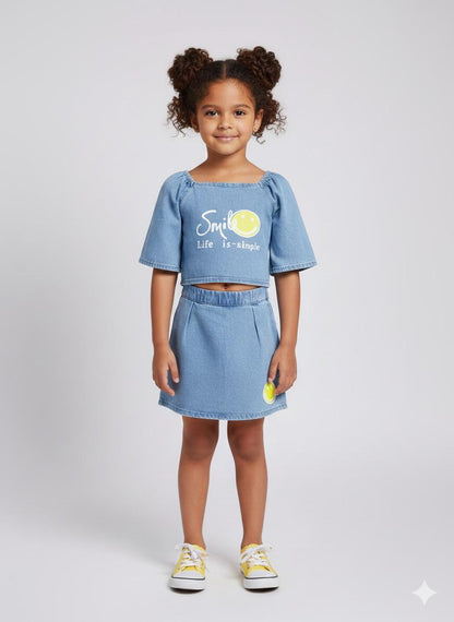 Girls Light Denim Smile Co-ord Set – Trendy Top & Skirt Set for Casual Wear