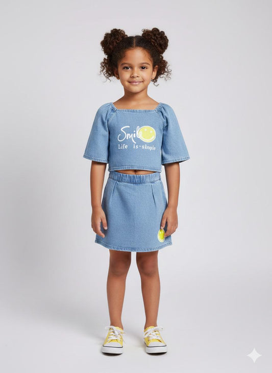 Girls Light Denim Smile Co-ord Set – Trendy Top & Skirt Set for Casual Wear