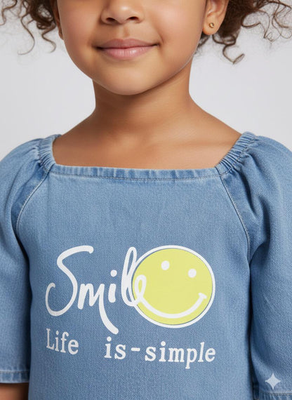 Girls Light Denim Smile Co-ord Set – Trendy Top & Skirt Set for Casual Wear