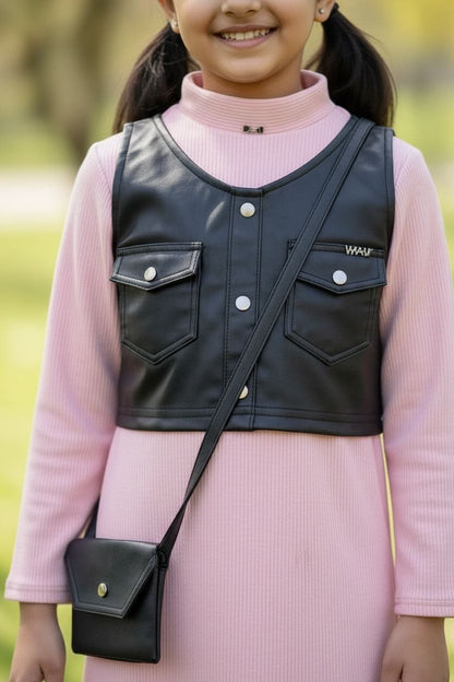 Peach Winter Dress with Black Vest and Sling Bag