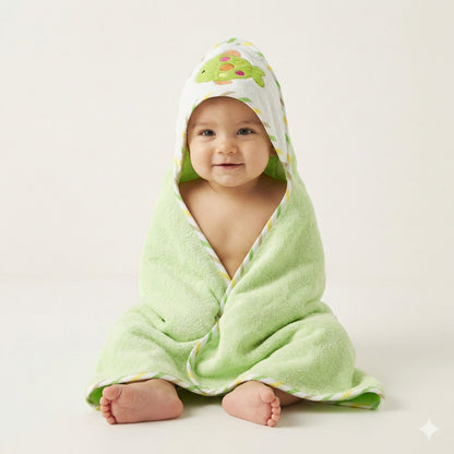 Green Baby Hooded Towel Wrap with Cute Fish patchwork Hood – Soft & Absorbent