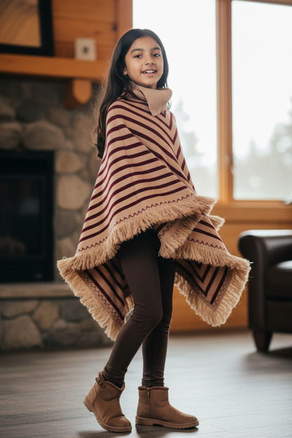 Beige Brown Winter Poncho Shawl – Warm Striped Woolen Cape