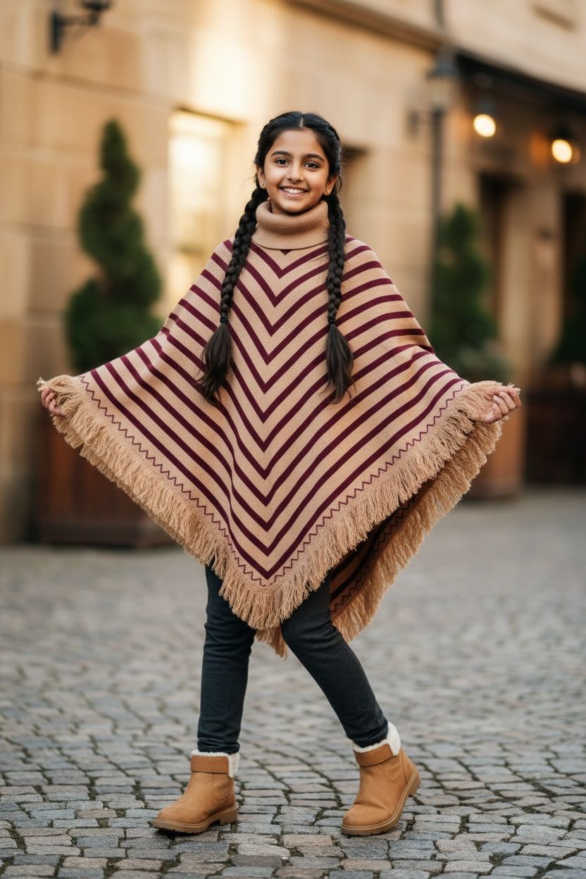 Beige Brown Winter Poncho Shawl – Warm Striped Woolen Cape