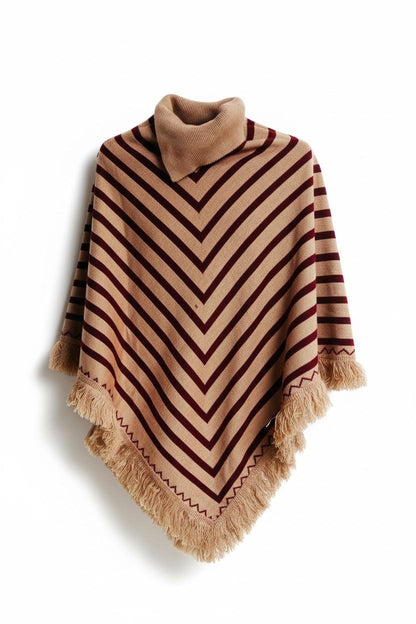 Beige Brown Winter Poncho Shawl – Warm Striped Woolen Cape