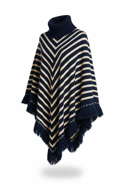 Blue Winter Poncho Shawl – Warm Striped Woolen Cape
