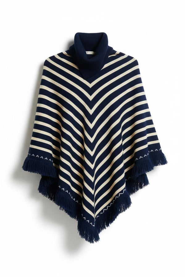 Blue Winter Poncho Shawl – Warm Striped Woolen Cape