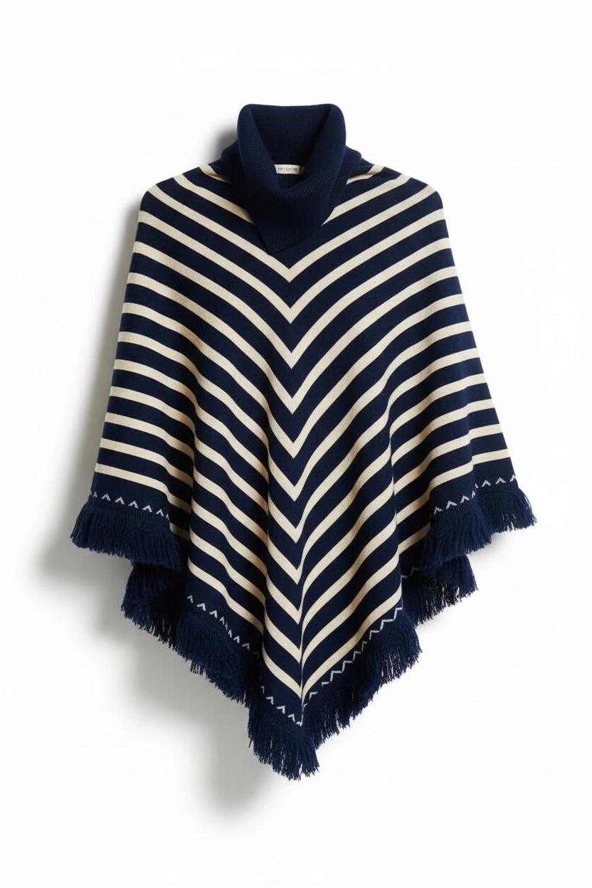 Blue Winter Poncho Shawl – Warm Striped Woolen Cape