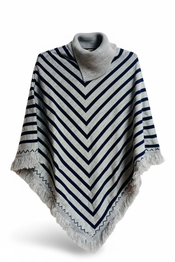 Grey Winter Poncho Shawl – Warm Striped Woolen Cape