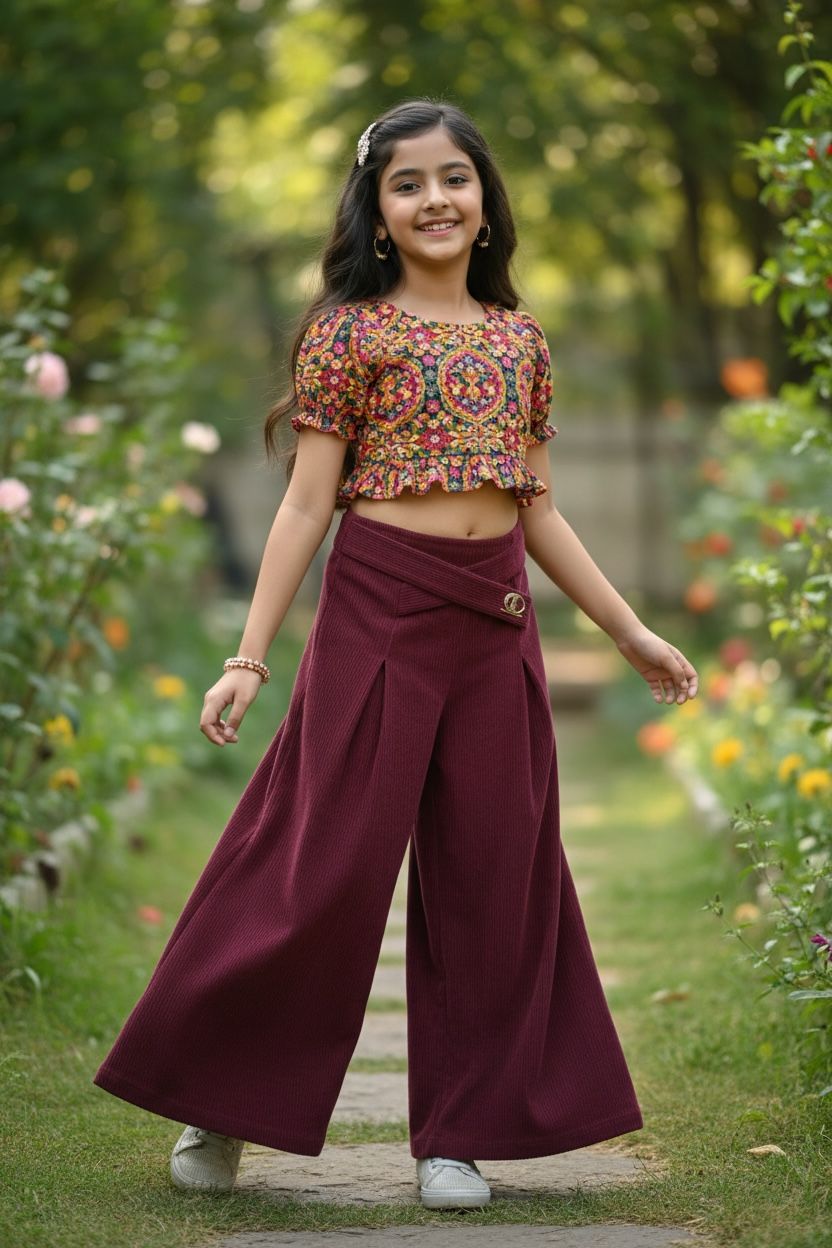 Mehroon Corduroy Palazzo Pants with Belt – Wide Leg Winter Trousers