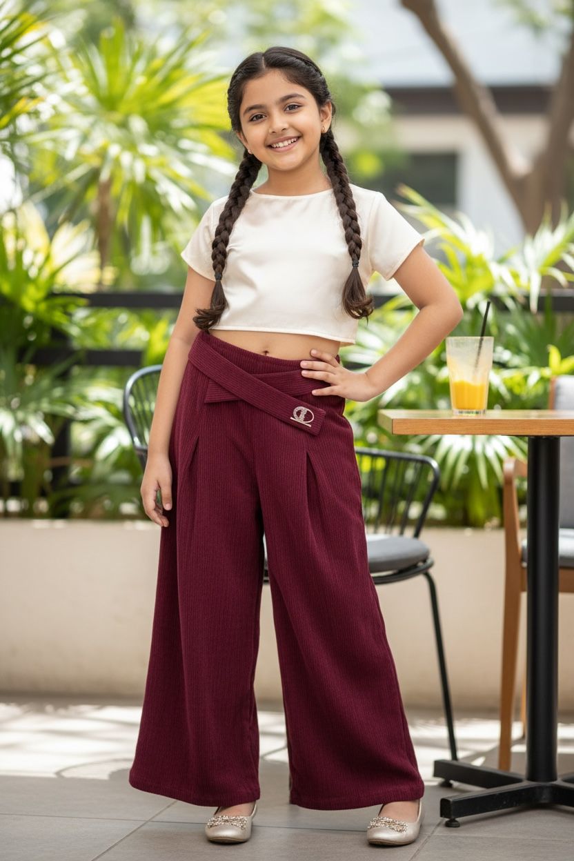 Mehroon Corduroy Palazzo Pants with Belt – Wide Leg Winter Trousers