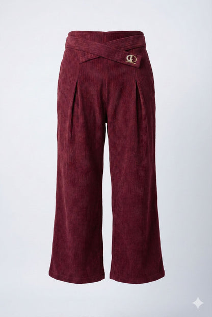 Mehroon Corduroy Palazzo Pants with Belt – Wide Leg Winter Trousers