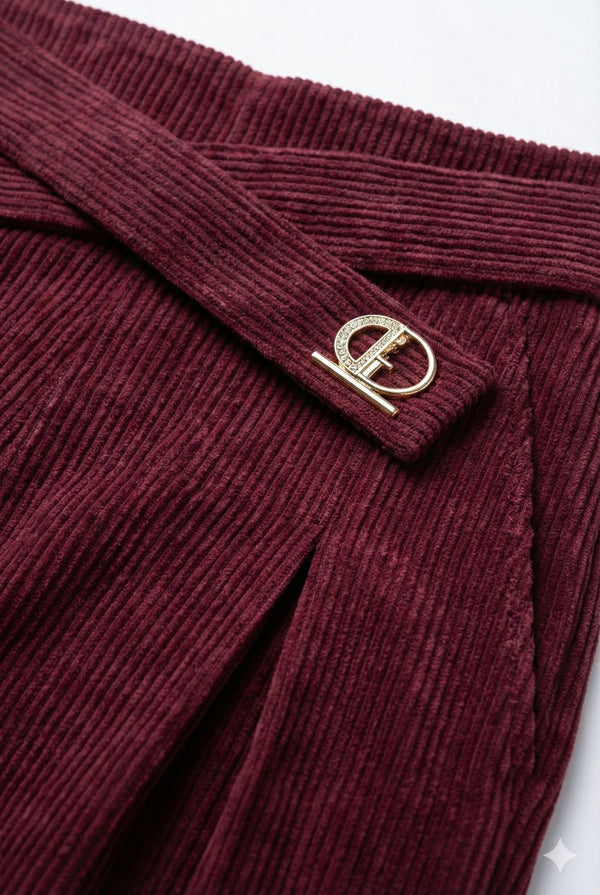 Mehroon Corduroy Palazzo Pants with Belt – Wide Leg Winter Trousers