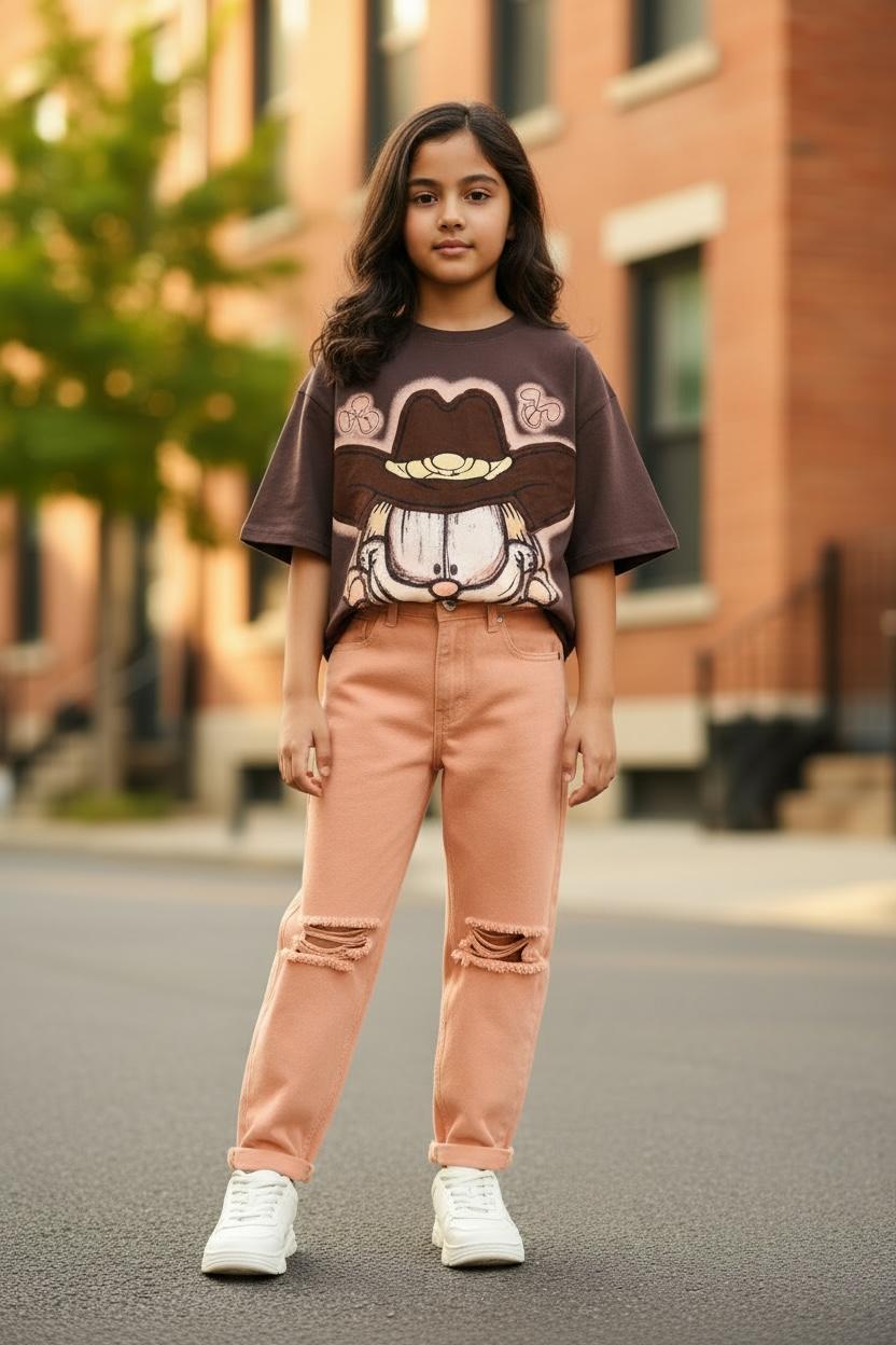 Garfield Oversized Cartoon Graphic Crop Top – Patchwork Hat Design