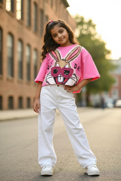 Pink Oversized Bunny Graphic Crop Top – Patchwork Specs Design