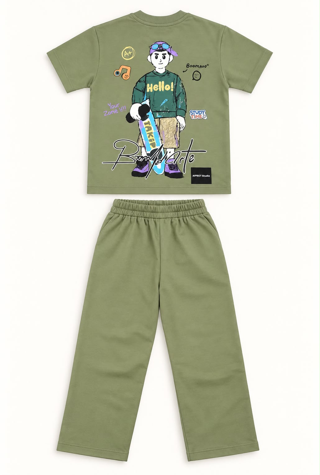 Boys Olive Green Printed Co-ord Set