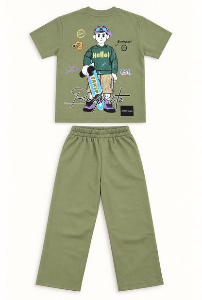 Boys Olive Green Printed Co-ord Set