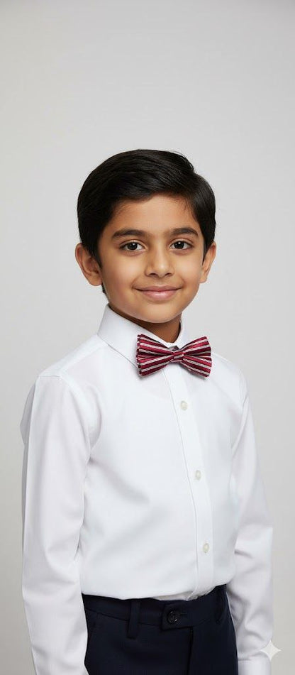 Mehroon & White stripes Bow Tie Ready to Use– Easy Wear Formal Accessory for Boys