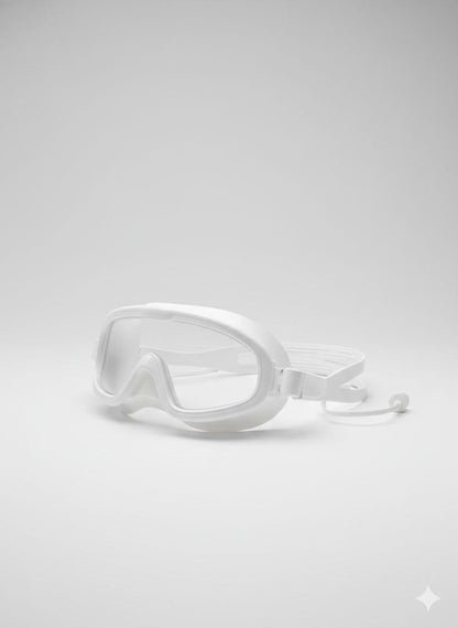 White Unisex Swimming Goggles With Ear Plugs – Clear Vision, Leak-Proof, Anti-Fog Eye Protection
