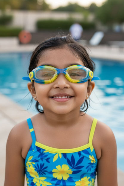 Blue Yellow Unisex Swimming Goggles With Ear Plugs – Clear Vision, Leak-Proof, Anti-Fog Eye Protection