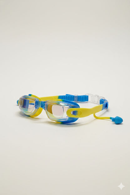 Blue Yellow Unisex Swimming Goggles With Ear Plugs – Clear Vision, Leak-Proof, Anti-Fog Eye Protection