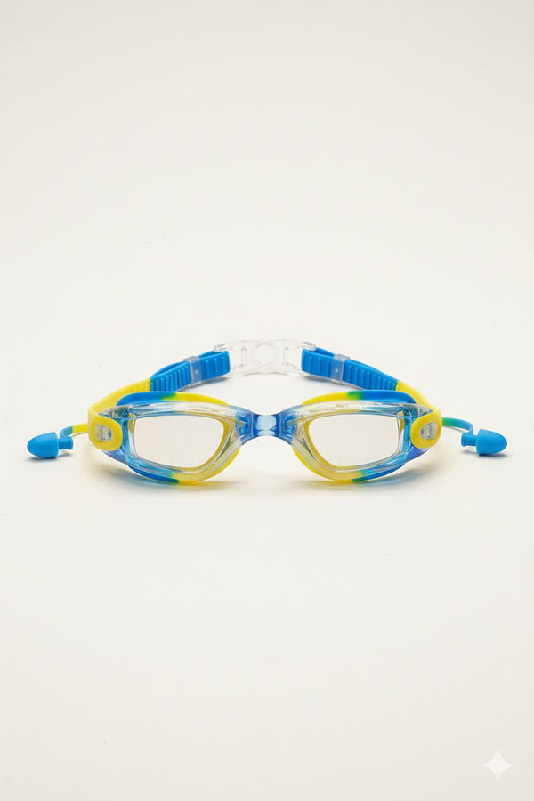 Blue Yellow Unisex Swimming Goggles With Ear Plugs – Clear Vision, Leak-Proof, Anti-Fog Eye Protection