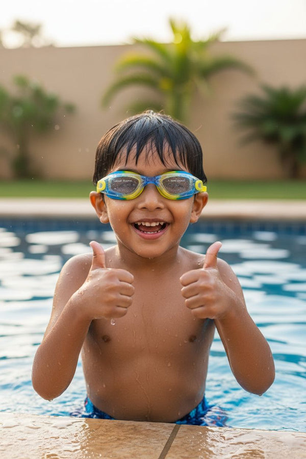 Blue Yellow Unisex Swimming Goggles With Ear Plugs – Clear Vision, Leak-Proof, Anti-Fog Eye Protection