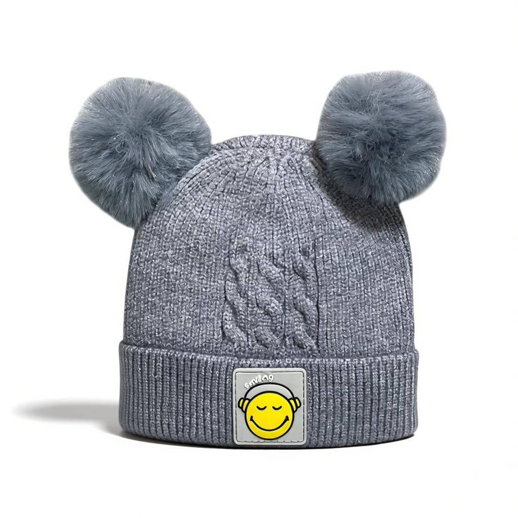 Baby/Toddler Winter Beanie – Knitted Blue Cap with Twin Fur Poms
