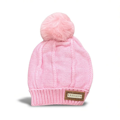 Kids Woolen Winter Cap – Red | Faux Fur Pom & Badge Detail