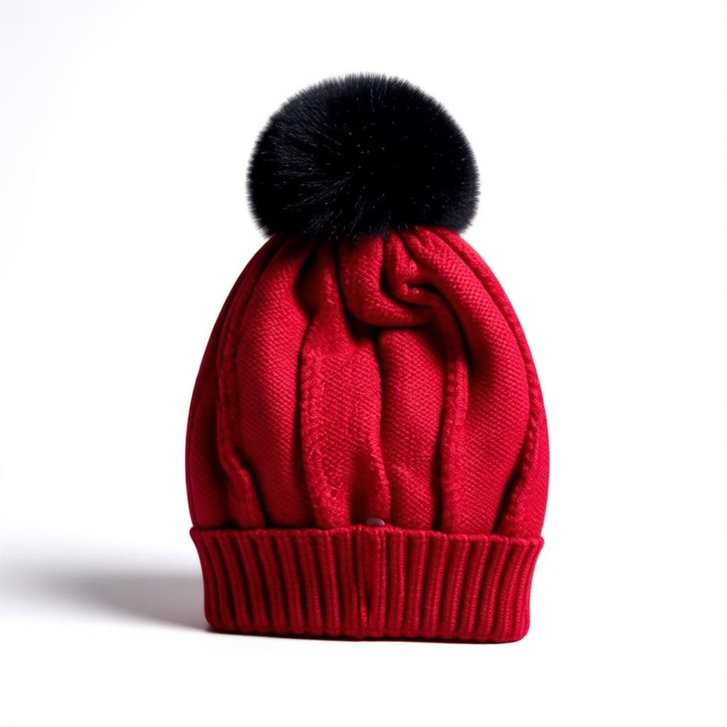 Kids Woolen Winter Cap – Red | Faux Fur Pom & Badge Detail