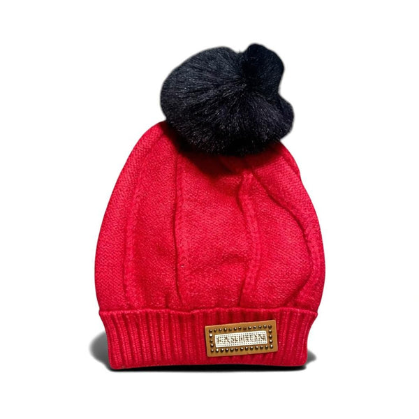 Kids Woolen Winter Cap – Red | Faux Fur Pom & Badge Detail