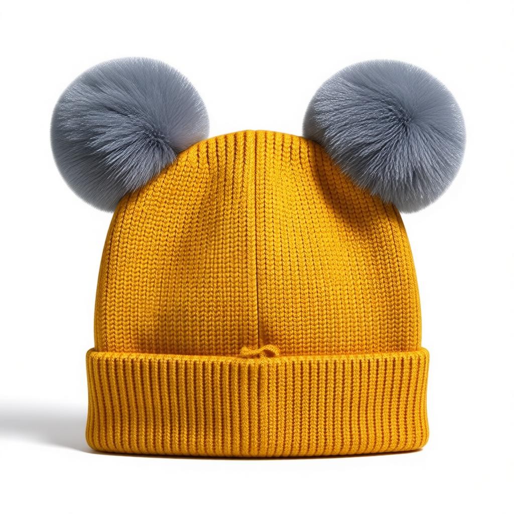 Baby/Toddler Winter Beanie – Knitted Blue Cap with Twin Fur Poms