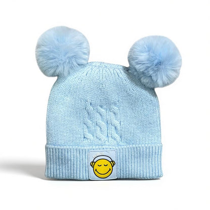 Baby/Toddler Winter Beanie – Knitted Blue Cap with Twin Fur Poms
