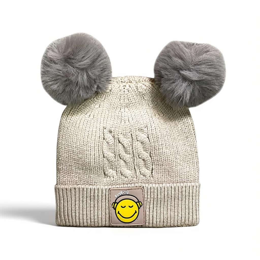 Baby/Toddler Winter Beanie – Knitted Blue Cap with Twin Fur Poms