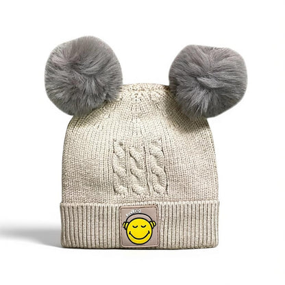 Baby/Toddler Winter Beanie – Knitted Blue Cap with Twin Fur Poms