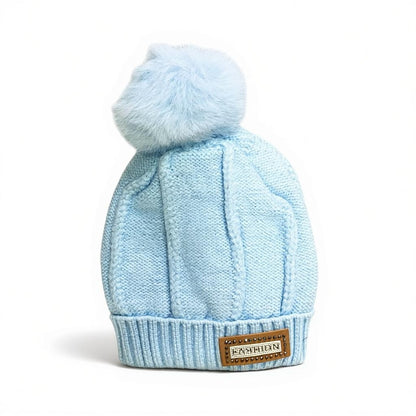 Kids Woolen Winter Cap – Red | Faux Fur Pom & Badge Detail