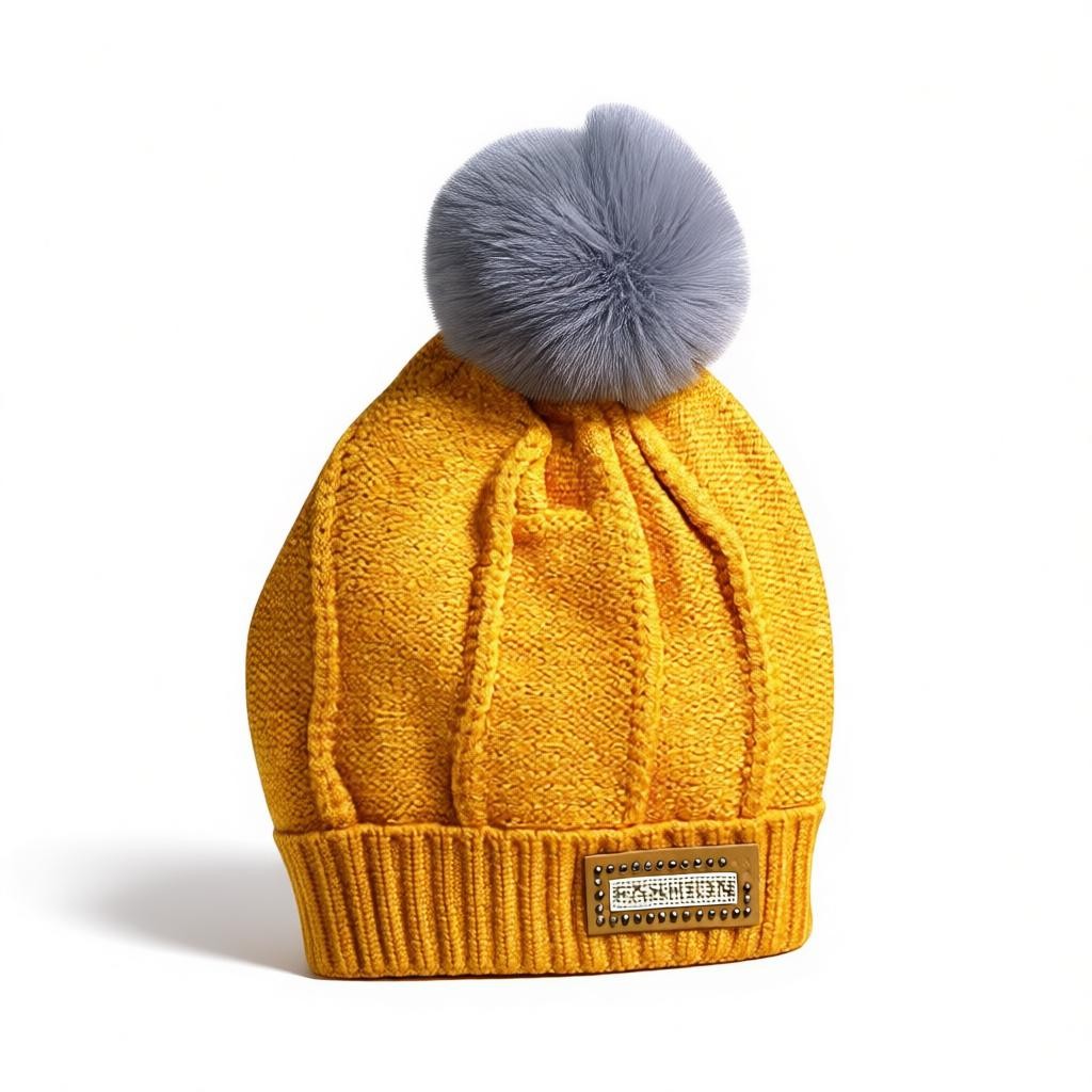 Kids Woolen Winter Cap – Red | Faux Fur Pom & Badge Detail