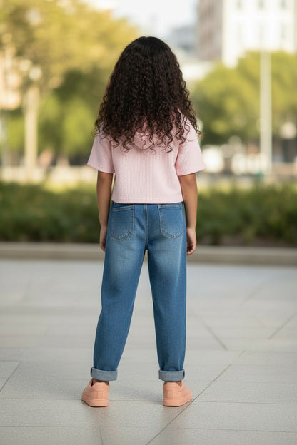 Girls Peach Short-Sleeve Hoodie with Multicolored Knotted Drawstrings