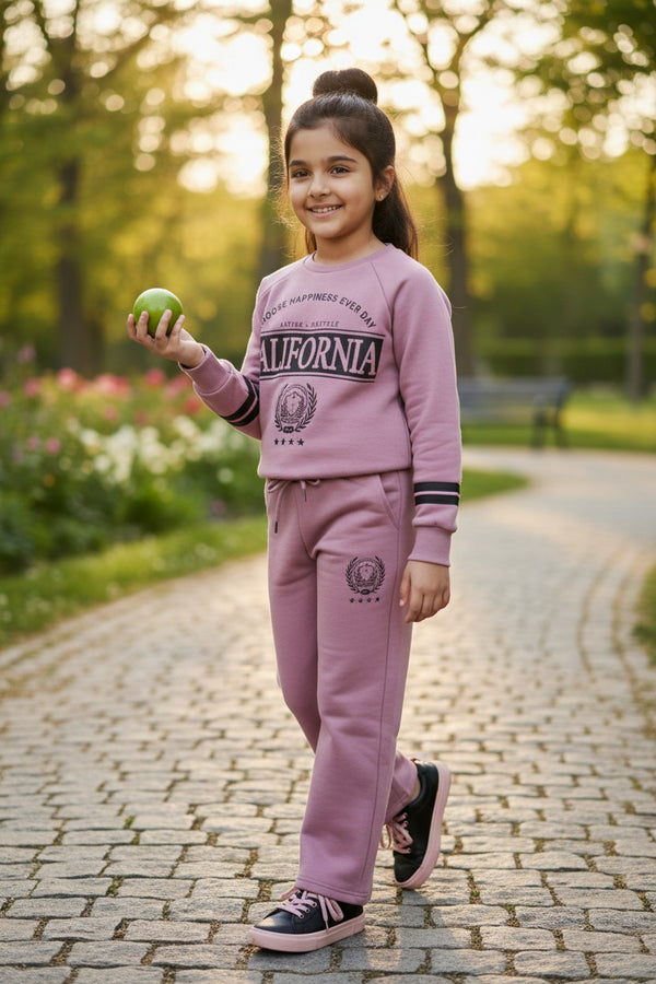 California Lounge Co-ord Set – Soft Magenta Sweatshirt & Wide-Leg Pants | Girls Premium Winter Loungewear for Kids