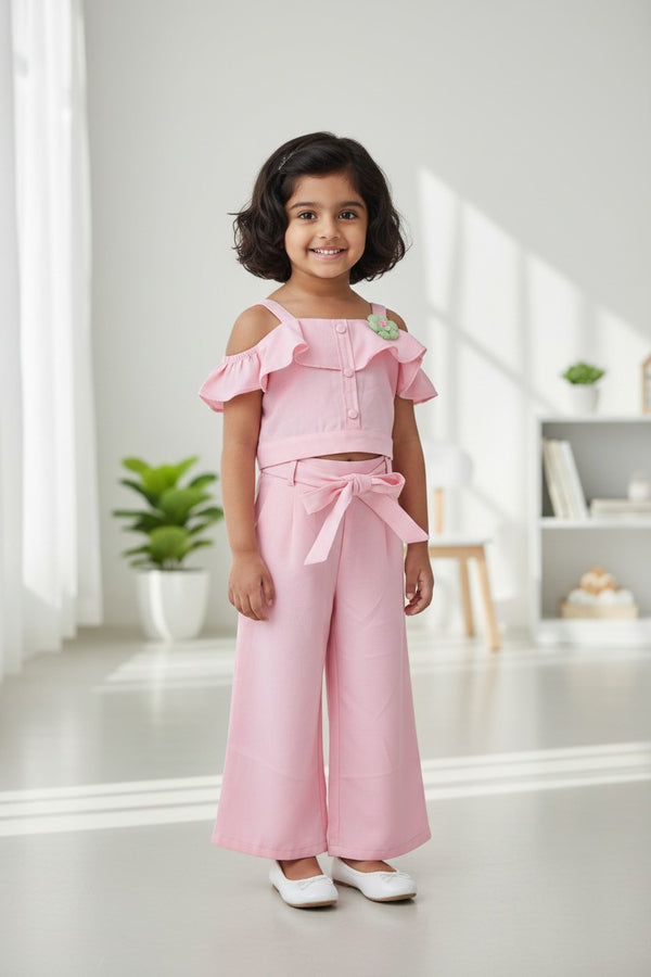Pink Co-ord Set with Off-Shoulder Top & Bow Pants – Stylish Party & Casual Wear
