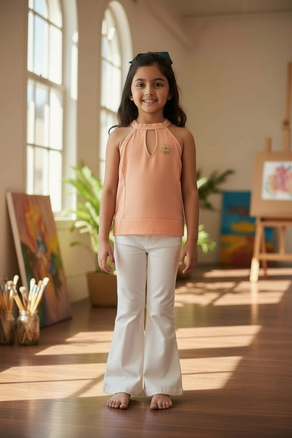 Girls Peach Halter Neck Top with Metal Ring Detail – Stylish Party & Casual Wear