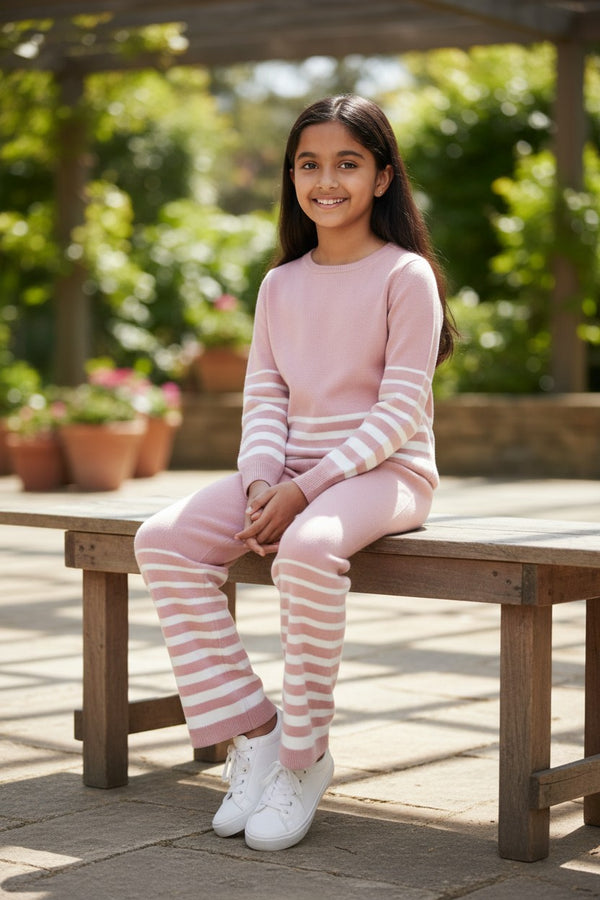 Girls Pink Striped Knit Co-ord Set – Premium Winterwear Top & Wide-Leg Pants | Soft & Stylish Sweater Set