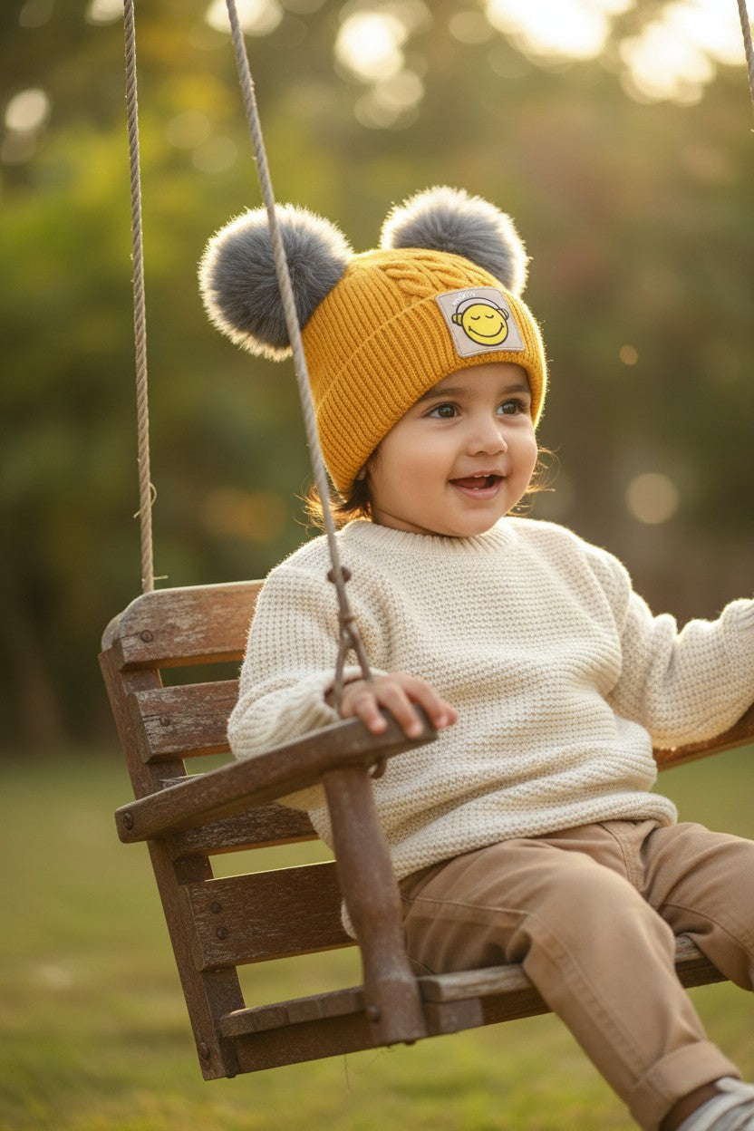 Baby/Toddler Winter Beanie – Knitted Blue Cap with Twin Fur Poms