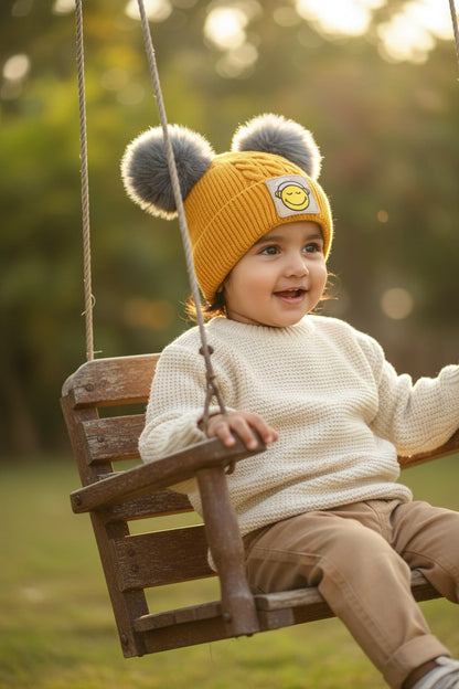 Baby/Toddler Winter Beanie – Knitted Blue Cap with Twin Fur Poms